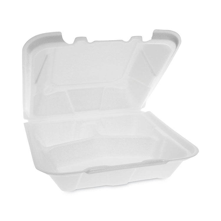 Vented Foam Hinged Lid Container, Dual Tab Lock, 3 Compartments, 9.13 x 9 x 3.25, White, 150/Carton