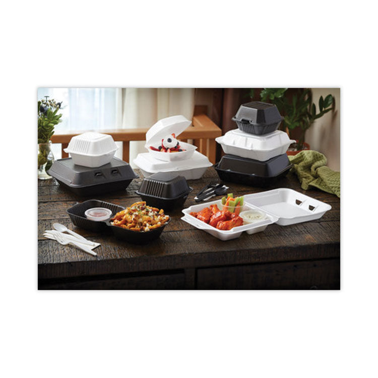 Vented Foam Hinged Lid Container, Dual Tab Lock, 3 Compartments, 9.13 x 9 x 3.25, White, 150/Carton