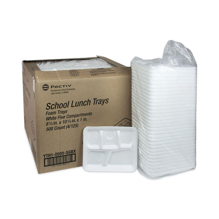 Foam School Trays, 5-Compartment Tray, 8.25 x 10.5 x 1, White, 500/Carton