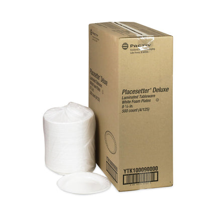 Placesetter Deluxe Laminated Foam Dinnerware, Plate, 8.88" dia, White, 500/Carton