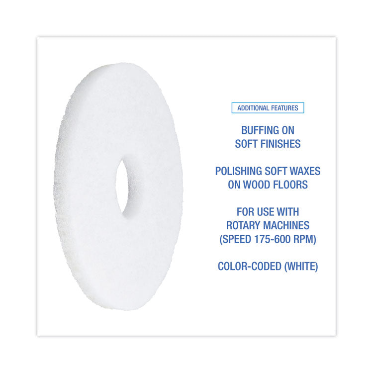 Polishing Floor Pads, 12" Diameter, White, 5/carton