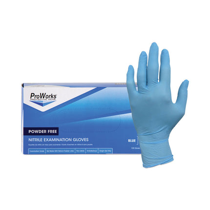 ProWorks Exam Grade Disposable Nitrile Gloves, Powder-Free, Large, Blue, 100/Box, 10 Boxes/Carton