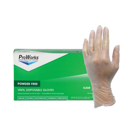 ProWorks Industrial Disposable Vinyl Grade Gloves, Powder-Free, Large, Clear, 100/Box, 10 Boxes/Carton