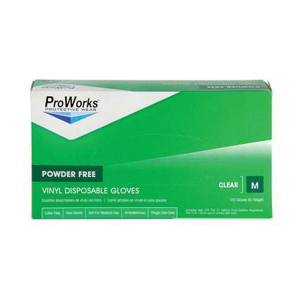 ProWorks Industrial Disposable Vinyl Grade Gloves, Powder-Free, Medium, Clear, 100/Box, 10 Boxes/Carton