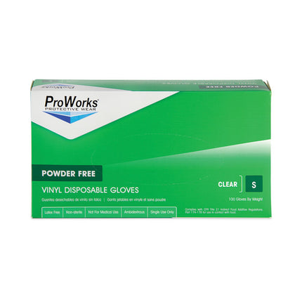 ProWorks Industrial Disposable Vinyl Grade Gloves, Powder-Free, Small, Clear, 100/Box, 10 Boxes/Carton