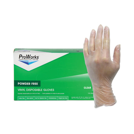 ProWorks Industrial Disposable Vinyl Grade Gloves, Powder-Free, Small, Clear, 100/Box, 10 Boxes/Carton
