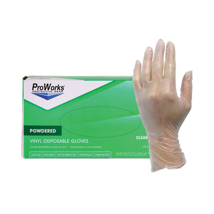 ProWorks Industrial Grade Disposable Vinyl Gloves, Powdered, Large, Clear, 100/Box, 10 Boxes/Carton