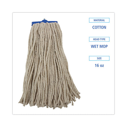 Cut-End Lie-Flat Wet Mop Head, Cotton, 16oz, White, 12/carton