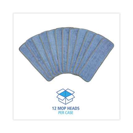 Microfiber Wet Mop Head, Blue, 18 x 5, Split Microfiber, Hook and Loop Back, Dozen