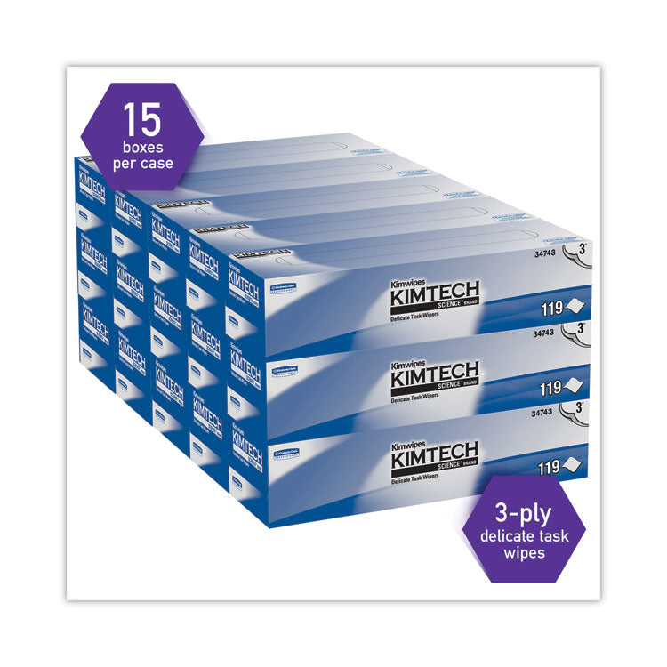 Kimwipes Delicate Task Wipers, 3-Ply, 11.8 x 11.8, Unscented, White, 100/Box, 15 Boxes/Carton