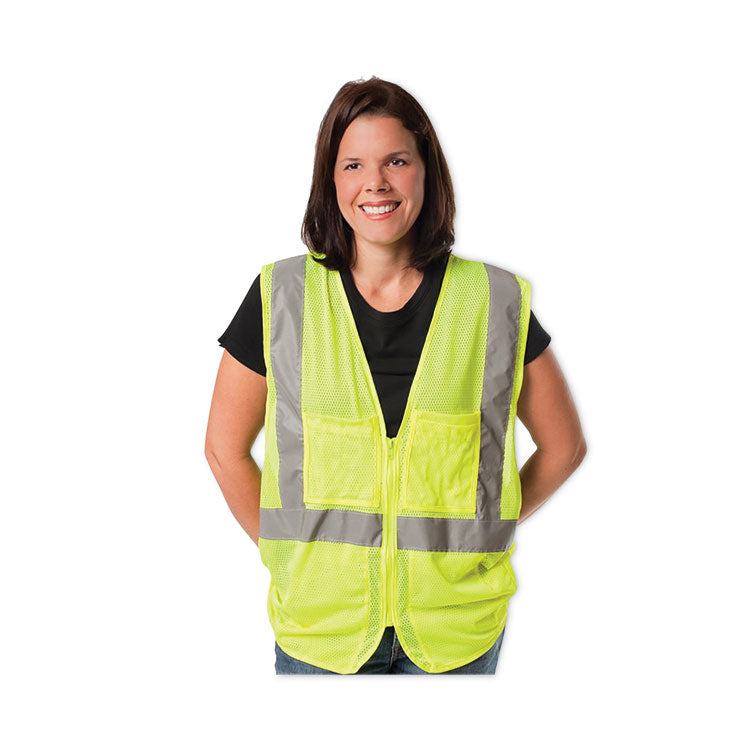 ANSI Class 2 Four Pocket Zipper Safety Vest, Polyester Mesh, 2X-Large, Hi-Viz Lime Yellow
