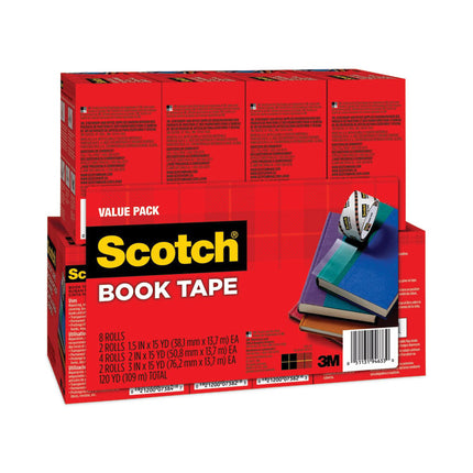 Book Tape Value Pack, 3" Core, (2) 1.5" X 15 Yds, (4) 2" X 15 Yds, (2) 3" X 15 Yds, Clear, 8/pack