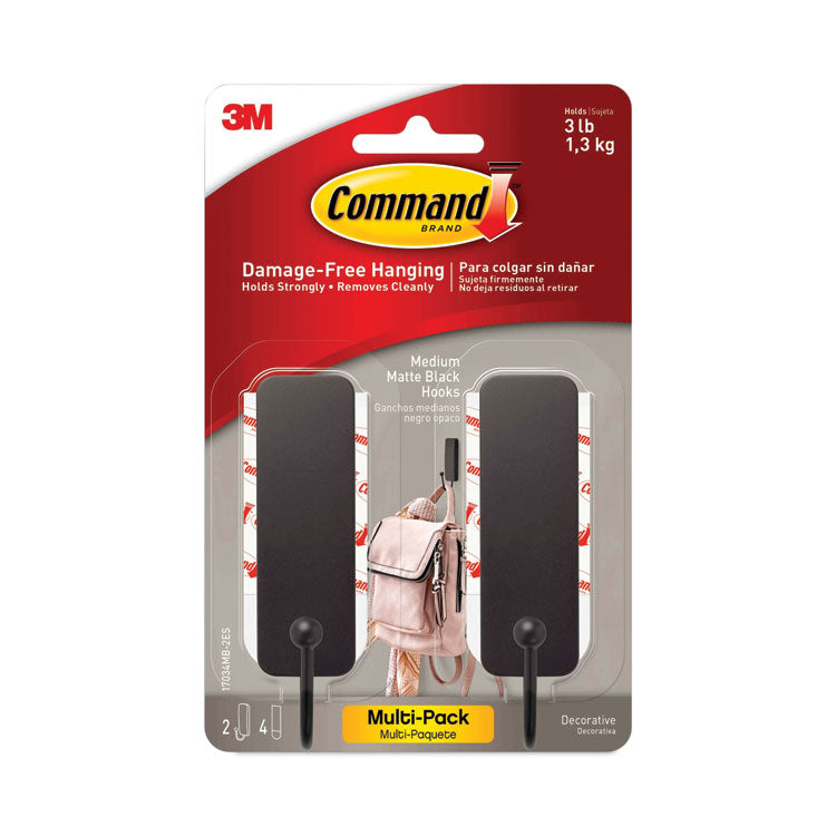 Decorative Hooks, Medium, Plastic, Matte Black, 3 lb Capacity, 2 Hooks and 4 Strips/Pack