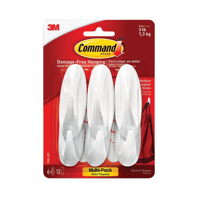 Designer Hooks, Medium, Plastic, White, 3 lb Capacity, 6 Hooks and 12 Strips/Pack