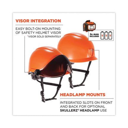 Skullerz 8974LED Class E Safety Helmet with 8981 Universal LED Headlamp, 6-Point Ratchet Suspension, Orange