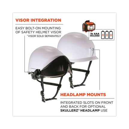 Skullerz 8974LED Class E Safety Helmet with 8981 Universal LED Headlamp, 6-Point Ratchet Suspension, White
