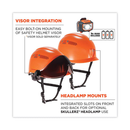 Skullerz 8975LED Class C Safety Helmet with 8981 Universal LED Headlamp, 6-Point Ratchet Suspension, Orange