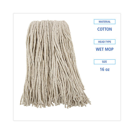 Premium Cut-End Wet Mop Heads, Cotton, 16oz, White, 12/carton