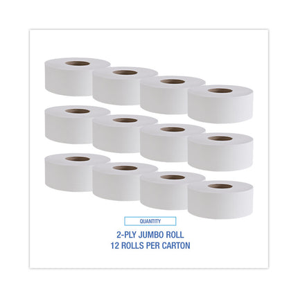 Jumbo Roll Bathroom Tissue, Septic Safe, 2-Ply, White, 3.4" x 1,000 ft, 12 Rolls/Carton