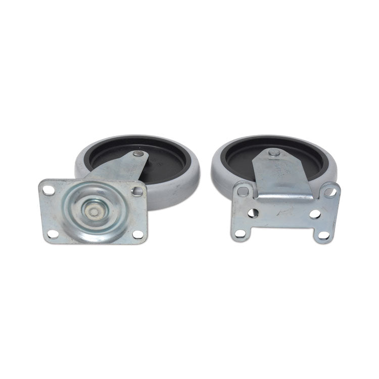 Replacement Plate Casters, (2) Rigid Mount Plate, (2) Swivel Mount Plate, 5" Soft Rubber Wheel, Gray, 4/Set