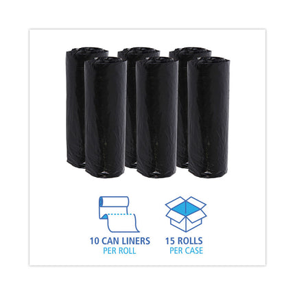 Low-Density Waste Can Liners, 16 gal, 1 mil, 24" x 32", Black, Perforated Roll, 10 Bags/Roll, 15 Rolls/Carton