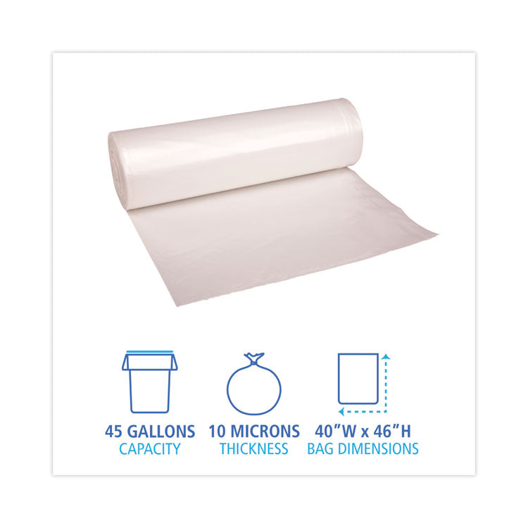 High-Density Can Liners, 45 gal, 10 mic, 40" x 46", Natural, Perforated Roll, 25 Bags/Roll, 10 Rolls/Carton