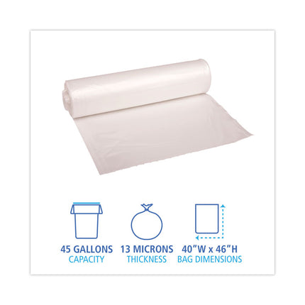 High-Density Can Liners, 45 gal, 13 mic, 40" x 46", Natural, Perforated Roll, 25 Bags/Roll, 10 Rolls/Carton