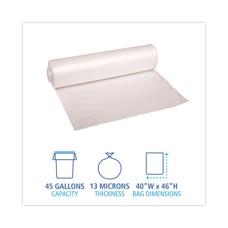 High-Density Can Liners, 45 gal, 13 mic, 40" x 46", Natural, Perforated Roll, 25 Bags/Roll, 10 Rolls/Carton