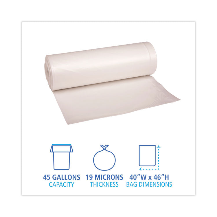High-Density Can Liners, 45 gal, 19 mic, 40" x 46", Natural, Perforated Roll, 25 Bags/Roll, 6 Rolls/Carton