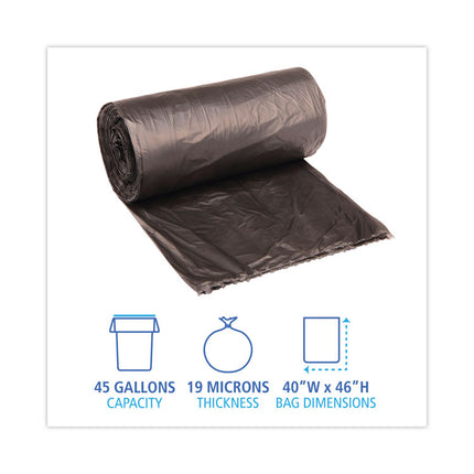 High-Density Can Liners, 45 gal, 19 mic, 40" x 46", Black, Perforated Roll, 25 Bags/Roll, 6 Rolls/Carton