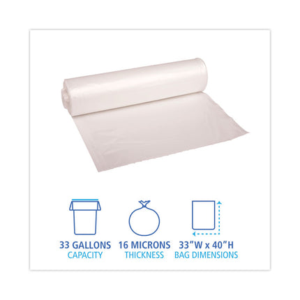 High Density Industrial Can Liners Coreless Rolls, 33 gal, 16 mic, 33" x 40", Natural, Perforated, 25 Bags/Roll, 10 Rolls/CT