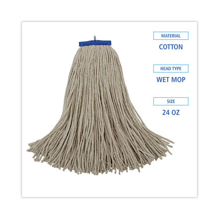 Cut-End Lie-Flat Wet Mop Head, Cotton, 24oz, White, 12/carton