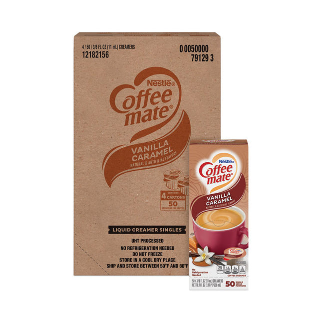 Liquid Coffee Creamer, Vanilla Caramel, 0.38 oz Mini Cups, 50/Box, 4 Boxes/Carton