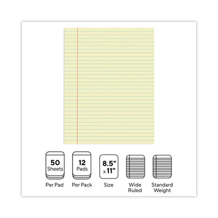 Glue Top Pads, Wide/legal Rule, 50 Canary-Yellow 8.5 X 11 Sheets, Dozen