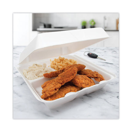 Insulated Foam Hinged Lid Containers, 3 Compartments, 9.3 x 9.5 x 3, White, 100/Sleeve, 2 Sleeves/Carton