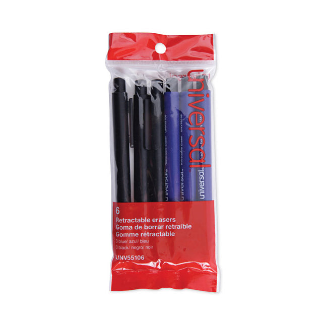 Pen-Style Retractable Eraser, For Pencil Marks, White Eraser, Assorted Barrel Colors, 6/pack