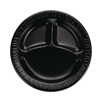 Quiet Classic Laminated Foam Dinnerware, 3-Compartment Plate, 9" dia, Black, 125/Sleeve, 4 Sleeves/Carton