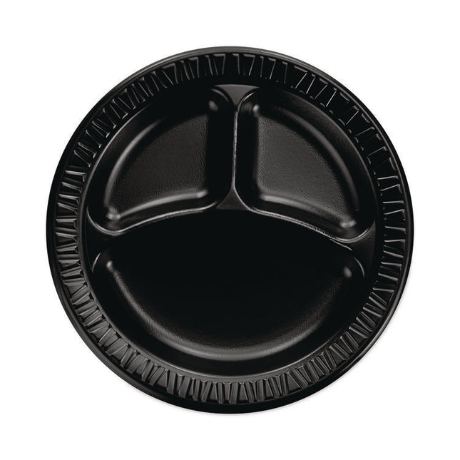 Quiet Classic Laminated Foam Dinnerware, 3-Compartment Plate, 9" dia, Black, 125/Sleeve, 4 Sleeves/Carton