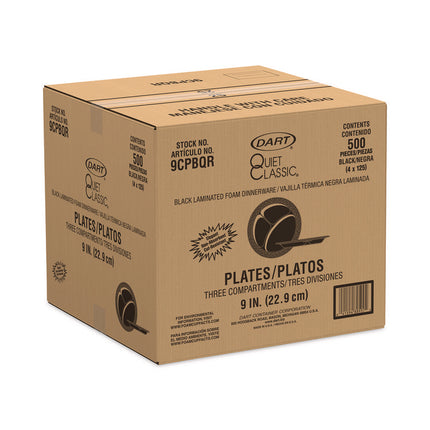 Quiet Classic Laminated Foam Dinnerware, 3-Compartment Plate, 9" dia, Black, 125/Sleeve, 4 Sleeves/Carton