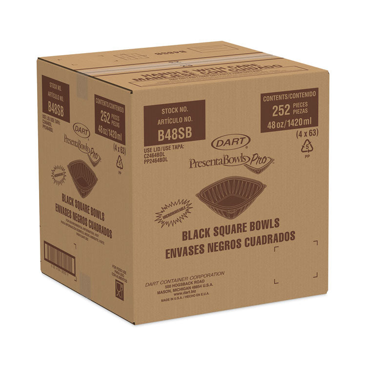 PresentaBowls Pro Black Square Bowls, 48 oz, 8.5 x 8.5 x 2.6, Plastic, 63/Bag, 4 Bags/Carton