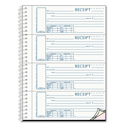 Spiralbound Unnumbered Money Receipt Book, Three-Part Carbonless, 7 x 2.75, 4 Forms/Sheet, 120 Forms Total