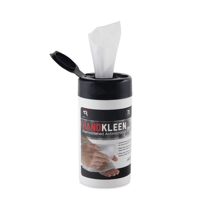 HandKleen Premoistened Antibacterial Wipes, Cloth, 5.5 x 6.5, Unscented, White, 70/Tub