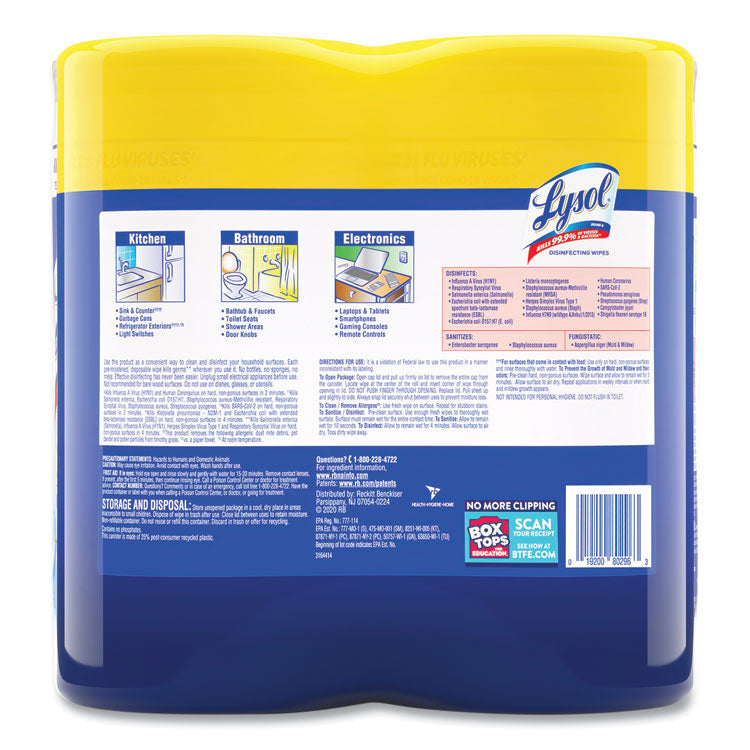 Disinfecting Wipes, 1-Ply, 7 x 7.25, Lemon and Lime Blossom, White, 80 Wipes/Canister, 2 Canisters/Pack, 3 Packs/Carton