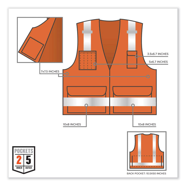 GloWear 8250Z Class 2 Surveyors Zipper Vest, Polyester, Large/X-Large, Orange