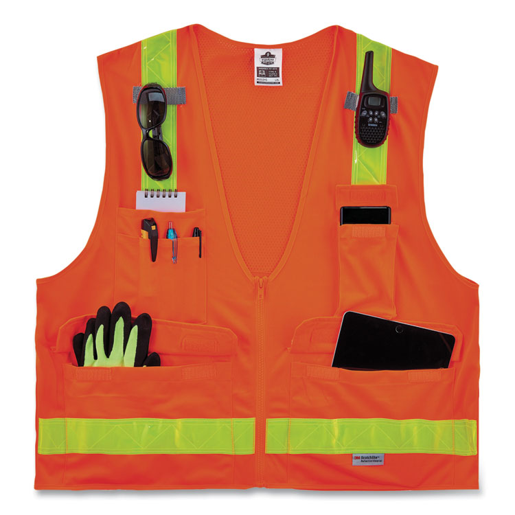 GloWear 8250ZHG Class 2 Hi-Gloss Surveyors Zipper Vest, Polyester, 2X-Large/3X-Large, Orange