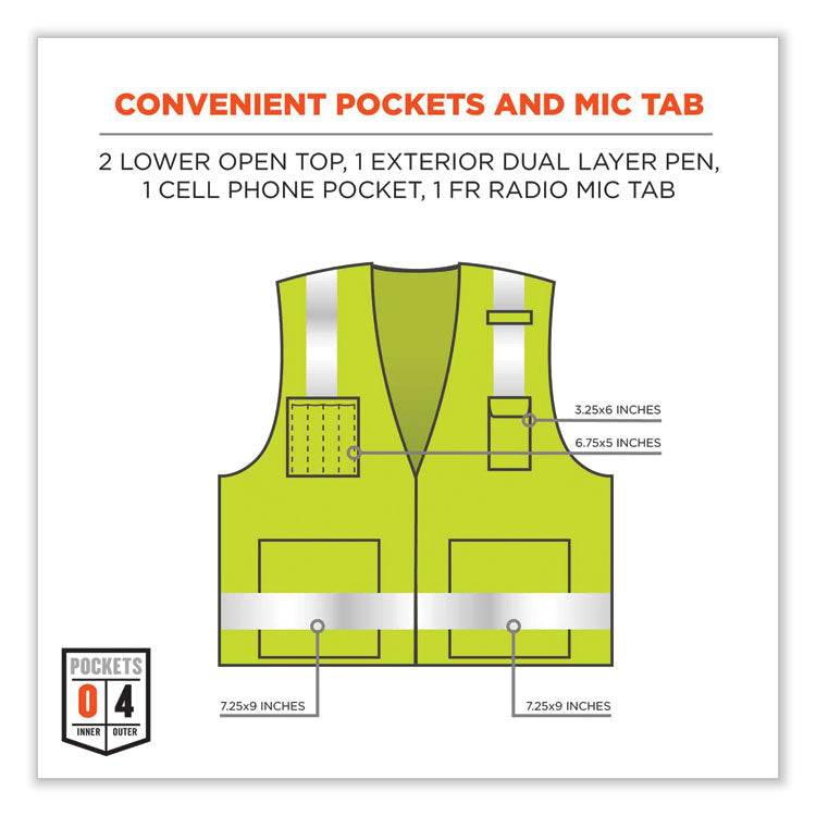 GloWear 8262FRZ Class 2 FR Surveyor Zip Vest, Tencel/Modacrylic/Para-aramid/Kevlar, 2X-Large/3X-Large, Lime