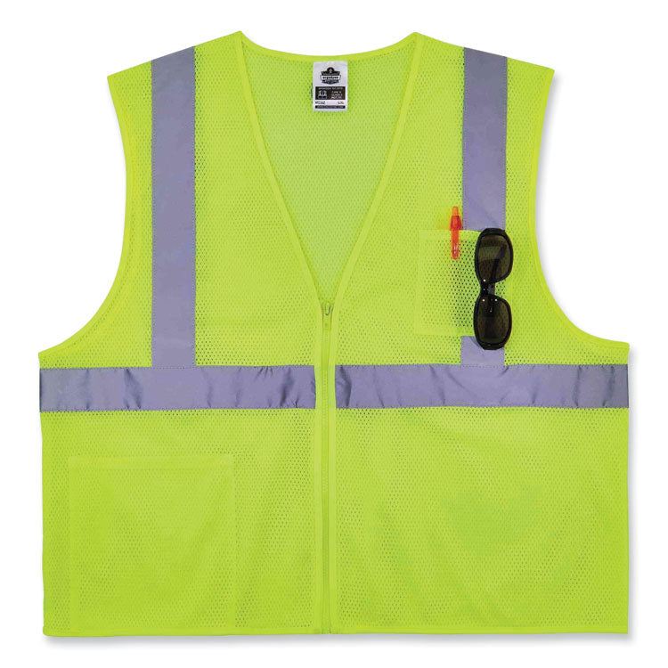 GloWear 8256Z Class 2 Self-Extinguishing Zipper Vest, Polyester, Small/Medium, Lime