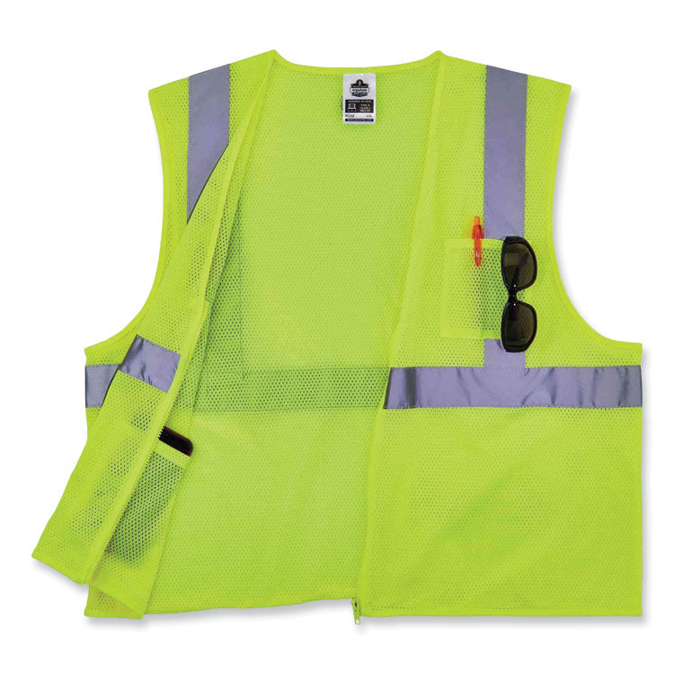 GloWear 8256Z Class 2 Self-Extinguishing Zipper Vest, Polyester, Large/X-Large, Lime