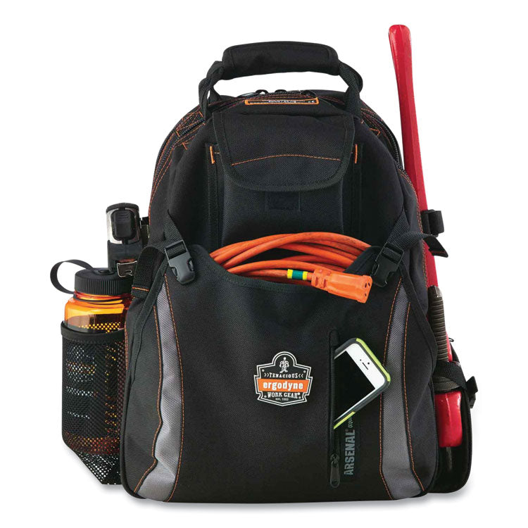 Arsenal 5843 Tool Backpack Dual Compartment, 26 Compartments, 8.5 x 13.5 x 18, Ballistic Polyester, Black/Gray
