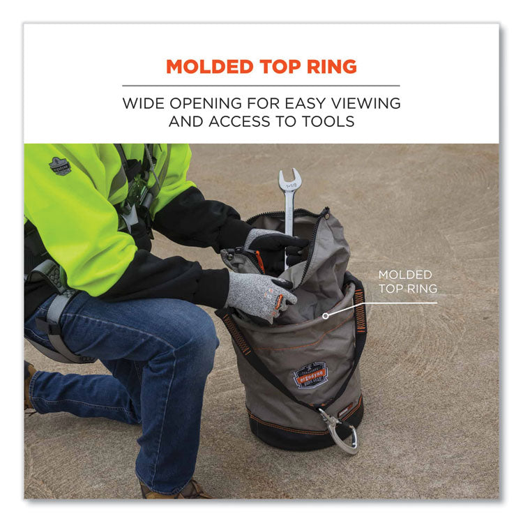 Arsenal 5974 Hoist Bucket Tool Bag with Swiveling Carabiner and Zipper Top, 12.5 x 12.5 x 17, Gray